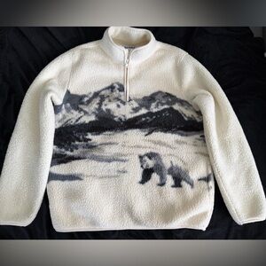 Old Navy Cream and Black Mountain Bear Sherpa Quarter-Zip Sweater